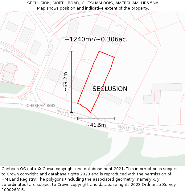 SECLUSION, NORTH ROAD, CHESHAM BOIS, AMERSHAM, HP6 5NA: Plot and title map