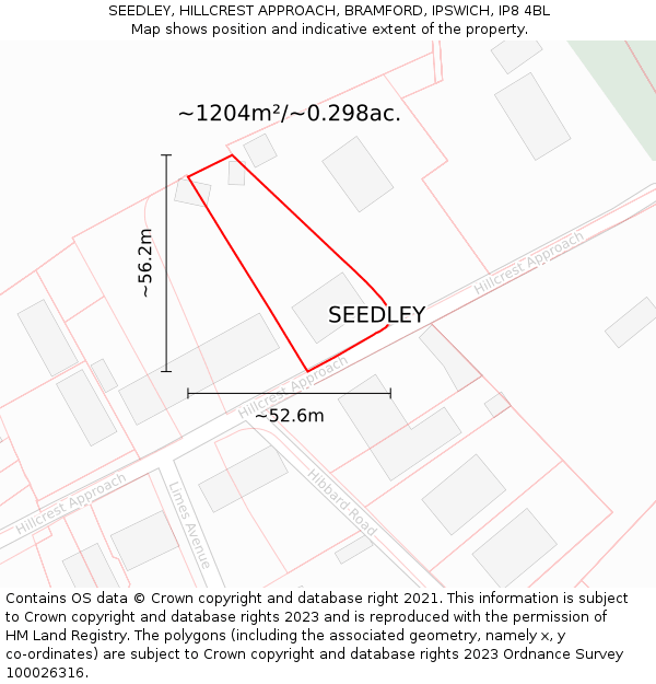 SEEDLEY, HILLCREST APPROACH, BRAMFORD, IPSWICH, IP8 4BL: Plot and title map