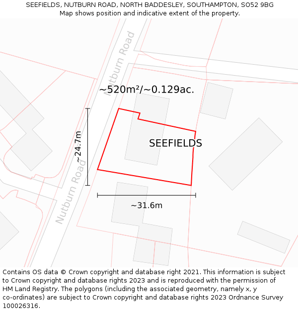 SEEFIELDS, NUTBURN ROAD, NORTH BADDESLEY, SOUTHAMPTON, SO52 9BG: Plot and title map
