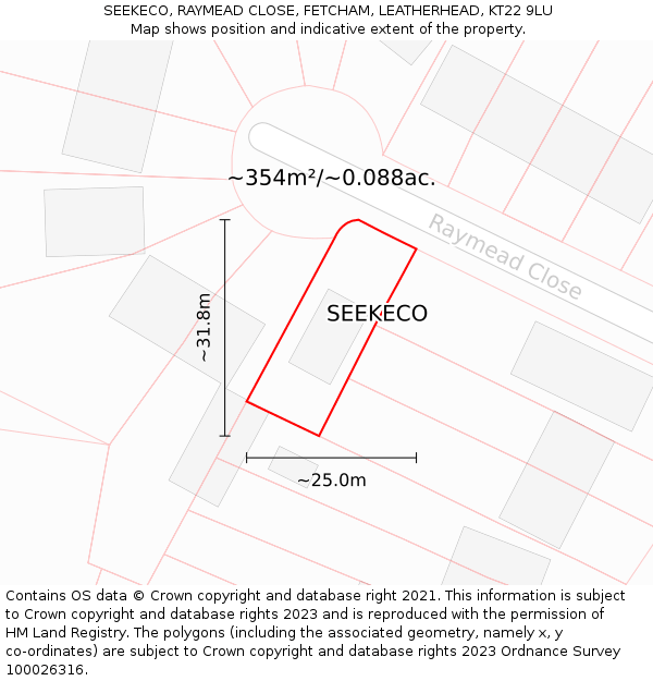 SEEKECO, RAYMEAD CLOSE, FETCHAM, LEATHERHEAD, KT22 9LU: Plot and title map