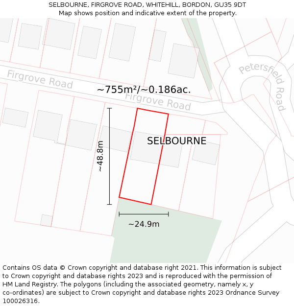 SELBOURNE, FIRGROVE ROAD, WHITEHILL, BORDON, GU35 9DT: Plot and title map