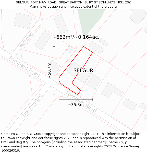 SELGUR, FORNHAM ROAD, GREAT BARTON, BURY ST EDMUNDS, IP31 2SG: Plot and title map