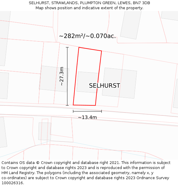 SELHURST, STRAWLANDS, PLUMPTON GREEN, LEWES, BN7 3DB: Plot and title map
