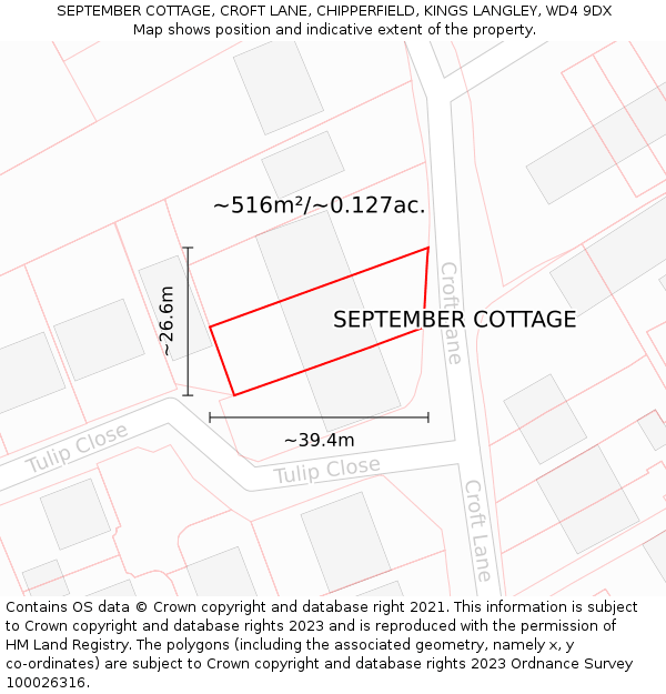 SEPTEMBER COTTAGE, CROFT LANE, CHIPPERFIELD, KINGS LANGLEY, WD4 9DX: Plot and title map