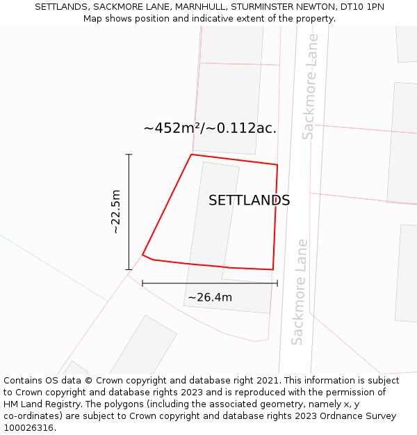 SETTLANDS, SACKMORE LANE, MARNHULL, STURMINSTER NEWTON, DT10 1PN: Plot and title map