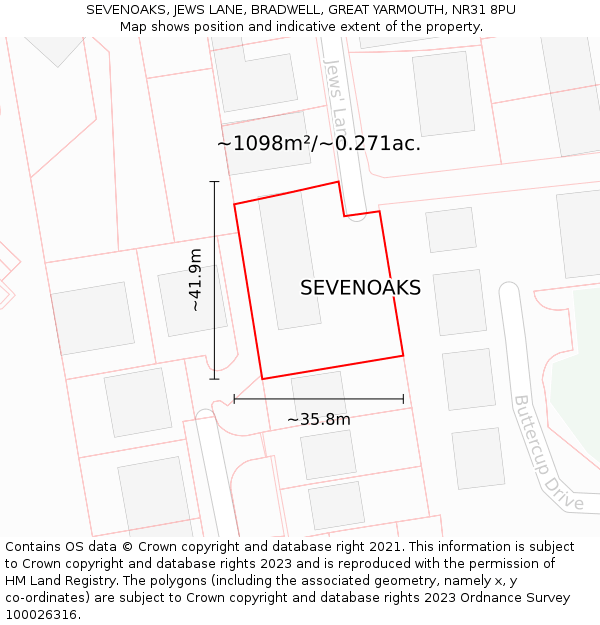 SEVENOAKS, JEWS LANE, BRADWELL, GREAT YARMOUTH, NR31 8PU: Plot and title map