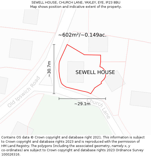 SEWELL HOUSE, CHURCH LANE, YAXLEY, EYE, IP23 8BU: Plot and title map