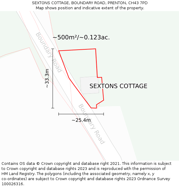 SEXTONS COTTAGE, BOUNDARY ROAD, PRENTON, CH43 7PD: Plot and title map