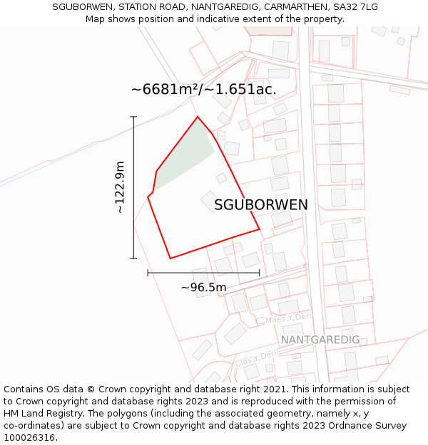 SGUBORWEN, STATION ROAD, NANTGAREDIG, CARMARTHEN, SA32 7LG: Plot and title map
