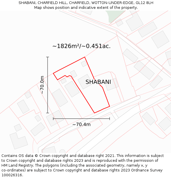 SHABANI, CHARFIELD HILL, CHARFIELD, WOTTON-UNDER-EDGE, GL12 8LH: Plot and title map