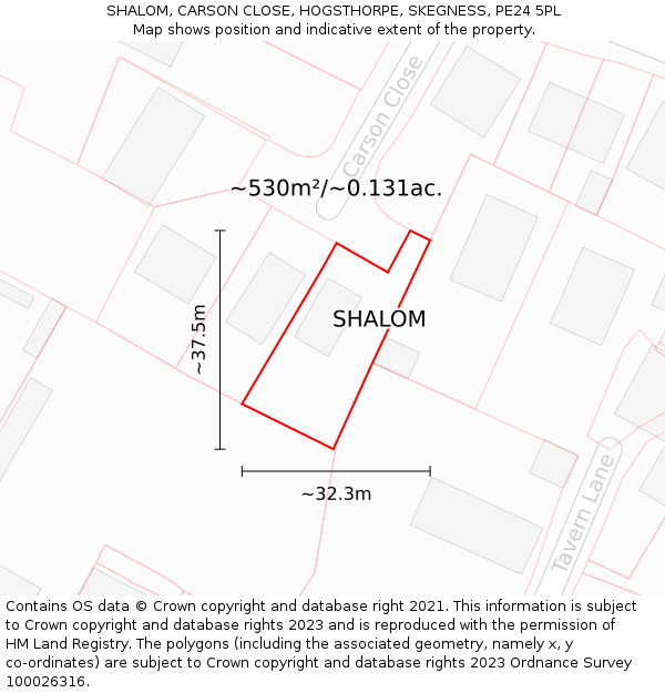 SHALOM, CARSON CLOSE, HOGSTHORPE, SKEGNESS, PE24 5PL: Plot and title map