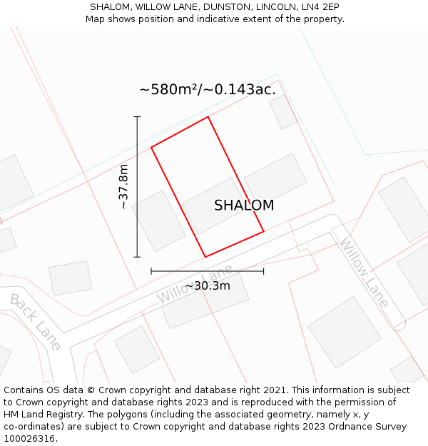 SHALOM, WILLOW LANE, DUNSTON, LINCOLN, LN4 2EP: Plot and title map
