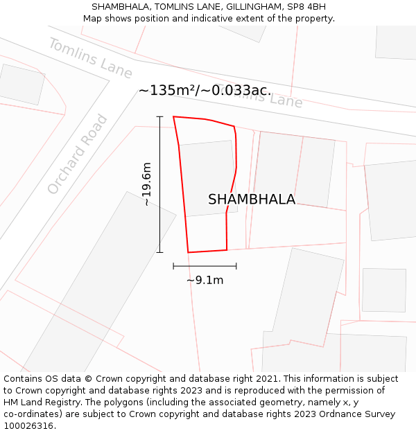 SHAMBHALA, TOMLINS LANE, GILLINGHAM, SP8 4BH: Plot and title map