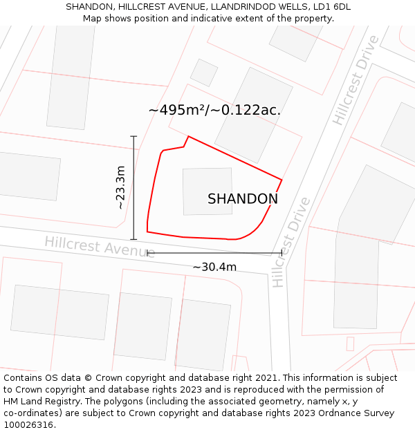 SHANDON, HILLCREST AVENUE, LLANDRINDOD WELLS, LD1 6DL: Plot and title map