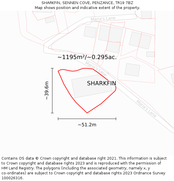 SHARKFIN, SENNEN COVE, PENZANCE, TR19 7BZ: Plot and title map