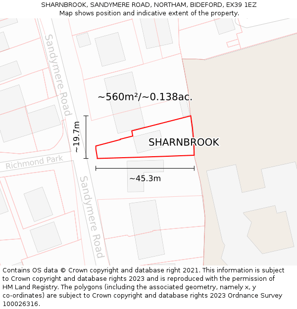 SHARNBROOK, SANDYMERE ROAD, NORTHAM, BIDEFORD, EX39 1EZ: Plot and title map