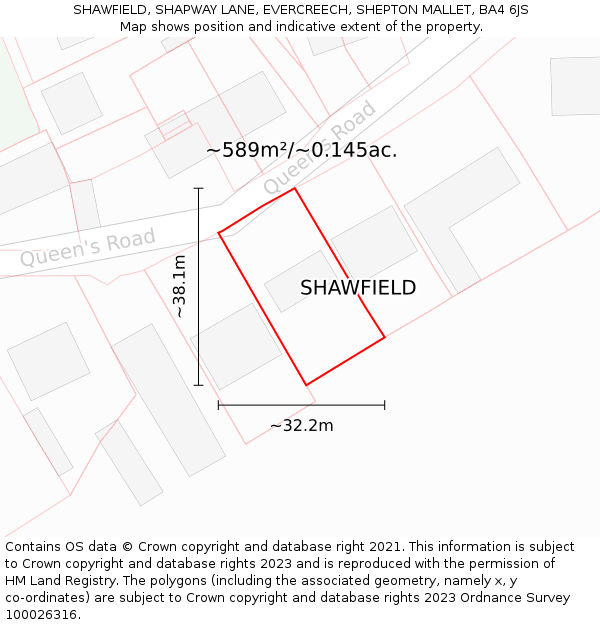SHAWFIELD, SHAPWAY LANE, EVERCREECH, SHEPTON MALLET, BA4 6JS: Plot and title map