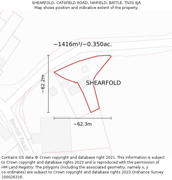 SHEARFOLD, CATSFIELD ROAD, NINFIELD, BATTLE, TN33 9JA: Plot and title map