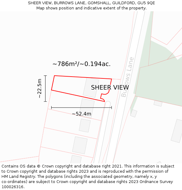 SHEER VIEW, BURROWS LANE, GOMSHALL, GUILDFORD, GU5 9QE: Plot and title map