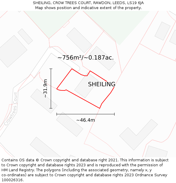 SHEILING, CROW TREES COURT, RAWDON, LEEDS, LS19 6JA: Plot and title map