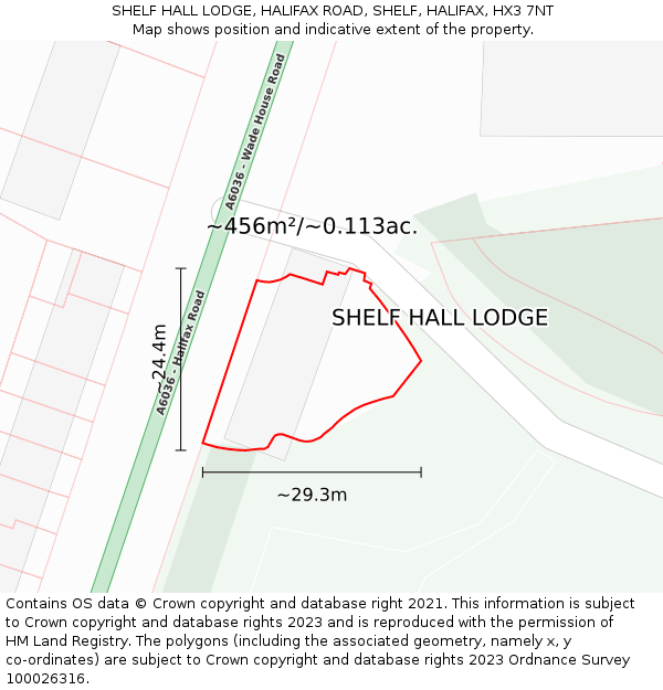 SHELF HALL LODGE, HALIFAX ROAD, SHELF, HALIFAX, HX3 7NT: Plot and title map