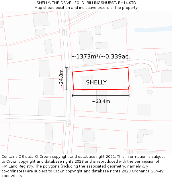SHELLY, THE DRIVE, IFOLD, BILLINGSHURST, RH14 0TD: Plot and title map