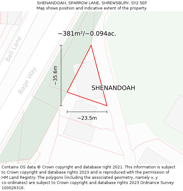 SHENANDOAH, SPARROW LANE, SHREWSBURY, SY2 5EP: Plot and title map