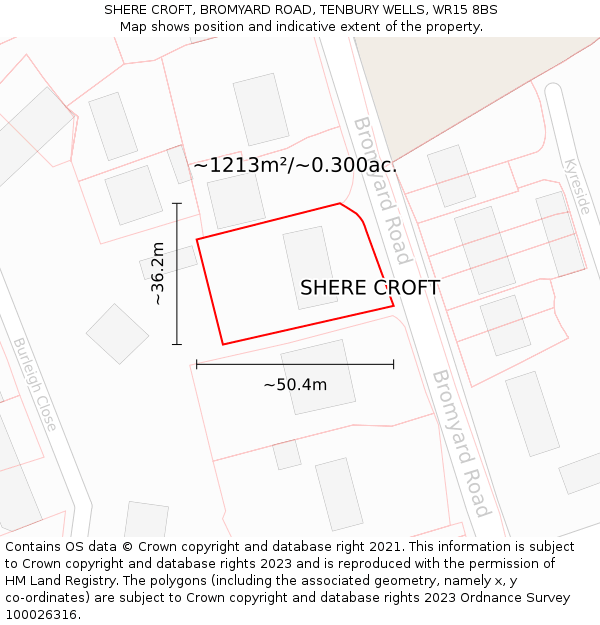 SHERE CROFT, BROMYARD ROAD, TENBURY WELLS, WR15 8BS: Plot and title map