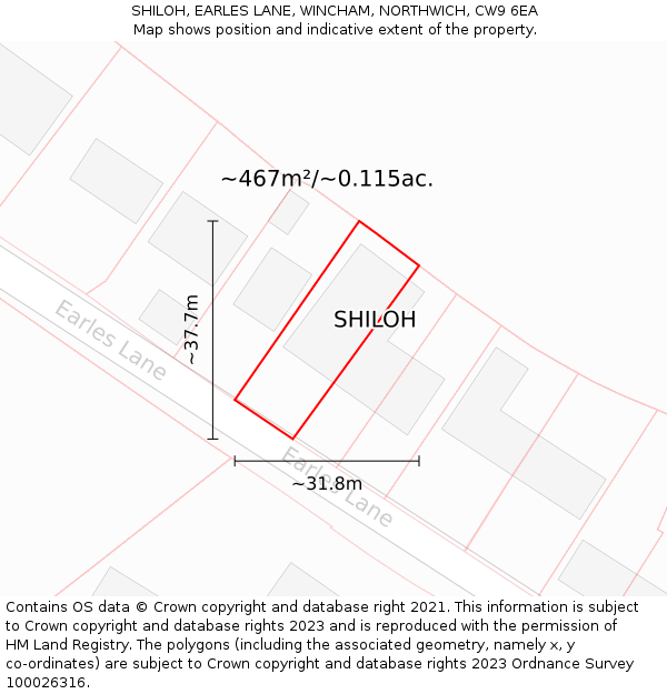 SHILOH, EARLES LANE, WINCHAM, NORTHWICH, CW9 6EA: Plot and title map