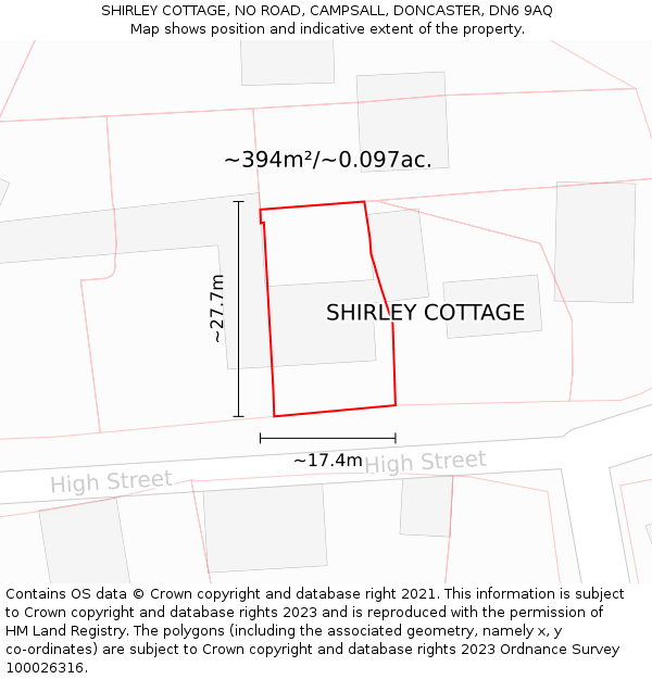 SHIRLEY COTTAGE, NO ROAD, CAMPSALL, DONCASTER, DN6 9AQ: Plot and title map