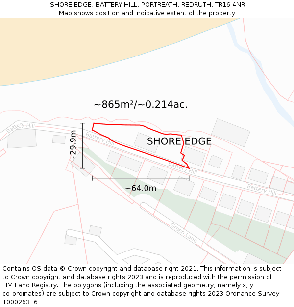 SHORE EDGE, BATTERY HILL, PORTREATH, REDRUTH, TR16 4NR: Plot and title map