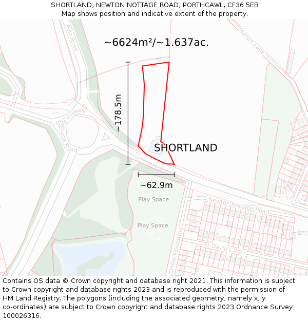 SHORTLAND, NEWTON NOTTAGE ROAD, PORTHCAWL, CF36 5EB: Plot and title map