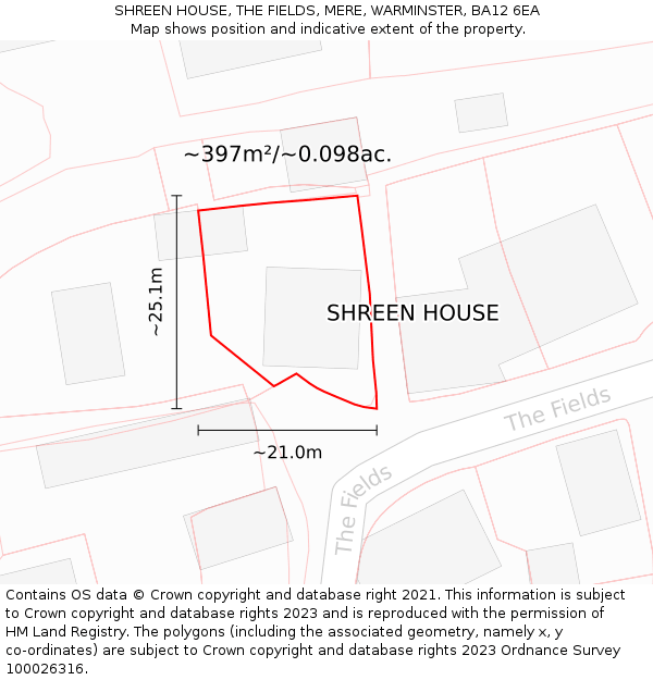 SHREEN HOUSE, THE FIELDS, MERE, WARMINSTER, BA12 6EA: Plot and title map