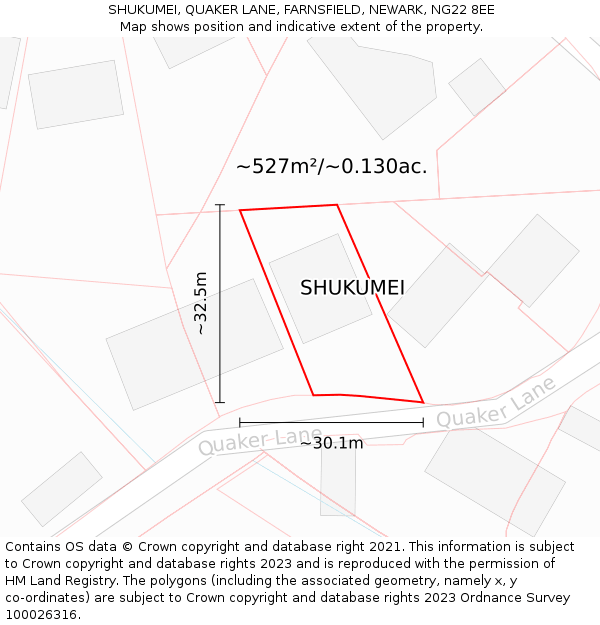 SHUKUMEI, QUAKER LANE, FARNSFIELD, NEWARK, NG22 8EE: Plot and title map