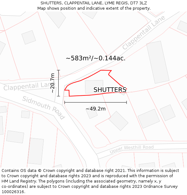 SHUTTERS, CLAPPENTAIL LANE, LYME REGIS, DT7 3LZ: Plot and title map