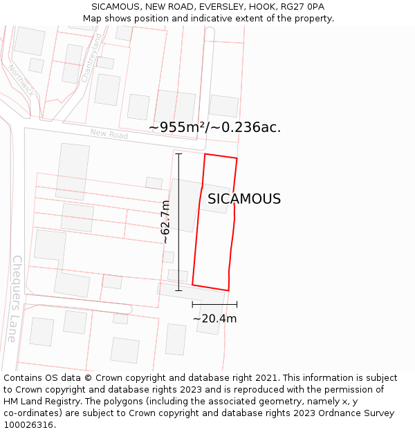 SICAMOUS, NEW ROAD, EVERSLEY, HOOK, RG27 0PA: Plot and title map