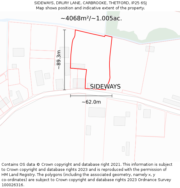 SIDEWAYS, DRURY LANE, CARBROOKE, THETFORD, IP25 6SJ: Plot and title map
