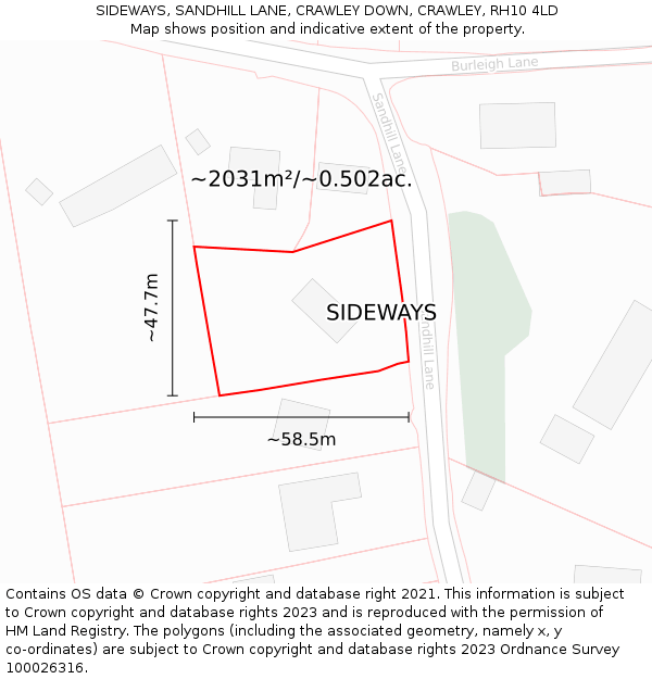 SIDEWAYS, SANDHILL LANE, CRAWLEY DOWN, CRAWLEY, RH10 4LD: Plot and title map