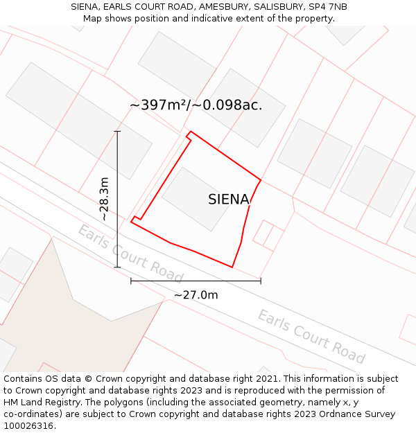 SIENA, EARLS COURT ROAD, AMESBURY, SALISBURY, SP4 7NB: Plot and title map