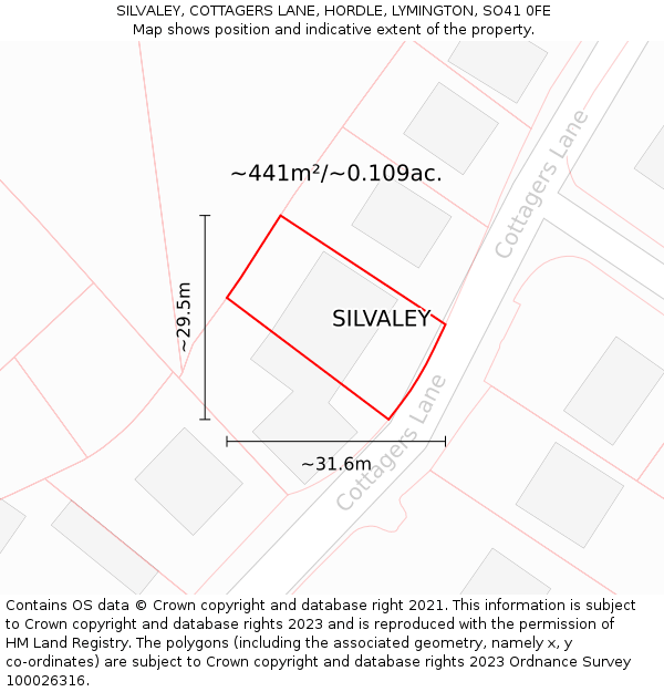 SILVALEY, COTTAGERS LANE, HORDLE, LYMINGTON, SO41 0FE: Plot and title map