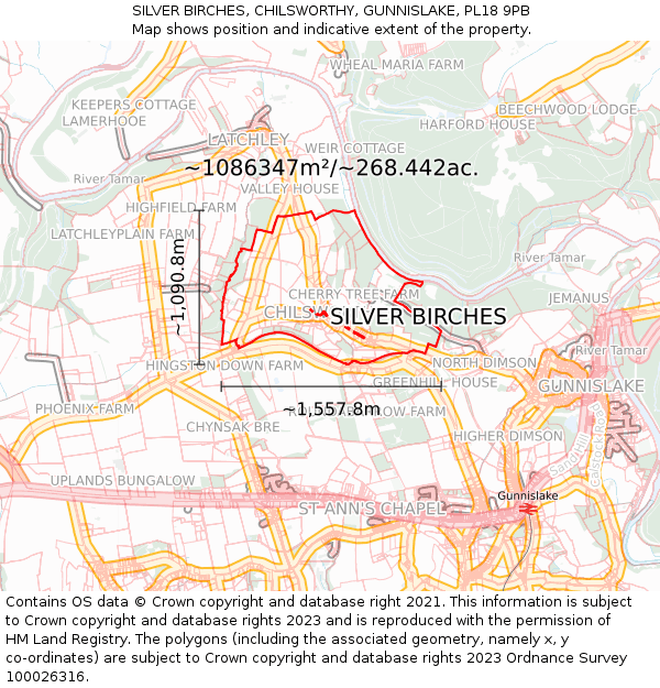 SILVER BIRCHES, CHILSWORTHY, GUNNISLAKE, PL18 9PB: Plot and title map