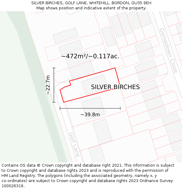 SILVER BIRCHES, GOLF LANE, WHITEHILL, BORDON, GU35 9EH: Plot and title map