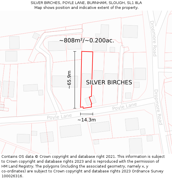 SILVER BIRCHES, POYLE LANE, BURNHAM, SLOUGH, SL1 8LA: Plot and title map