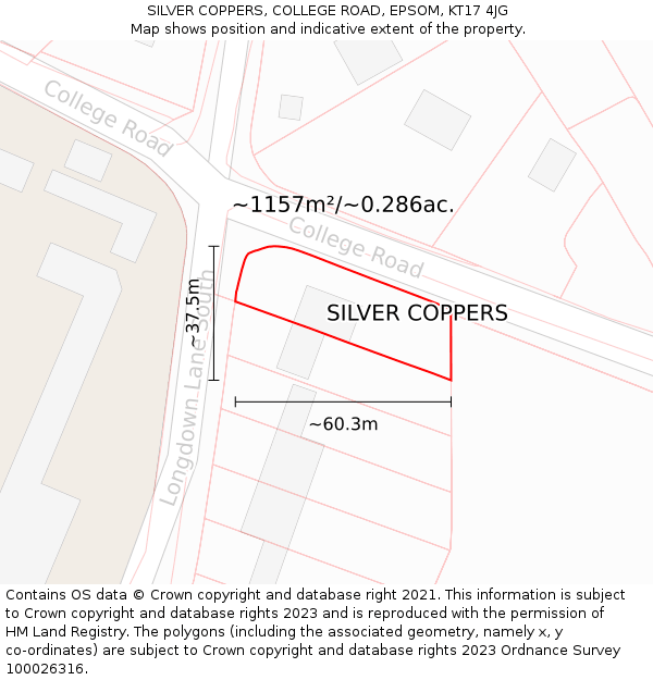 SILVER COPPERS, COLLEGE ROAD, EPSOM, KT17 4JG: Plot and title map