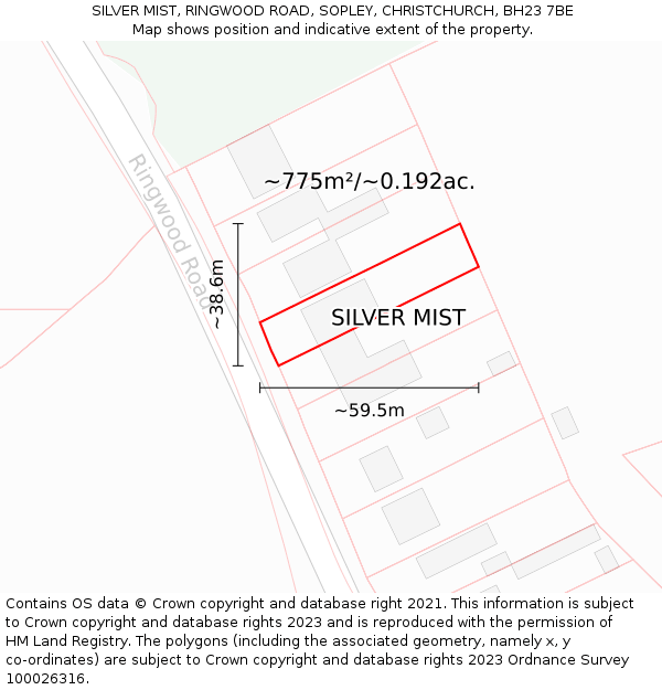 SILVER MIST, RINGWOOD ROAD, SOPLEY, CHRISTCHURCH, BH23 7BE: Plot and title map