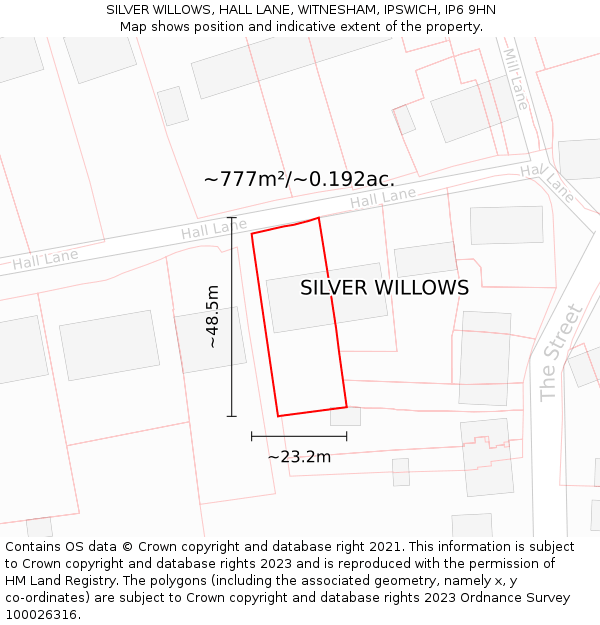 SILVER WILLOWS, HALL LANE, WITNESHAM, IPSWICH, IP6 9HN: Plot and title map