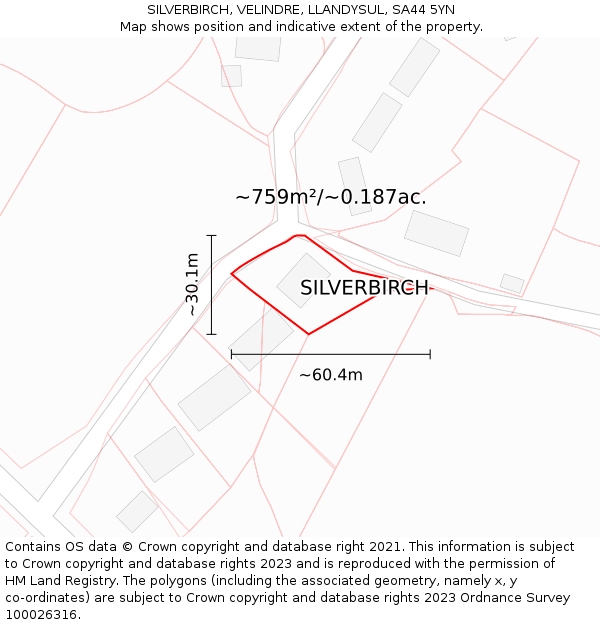 SILVERBIRCH, VELINDRE, LLANDYSUL, SA44 5YN: Plot and title map