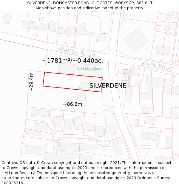 SILVERDENE, DONCASTER ROAD, OLDCOTES, WORKSOP, S81 8HT: Plot and title map