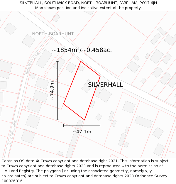 SILVERHALL, SOUTHWICK ROAD, NORTH BOARHUNT, FAREHAM, PO17 6JN: Plot and title map