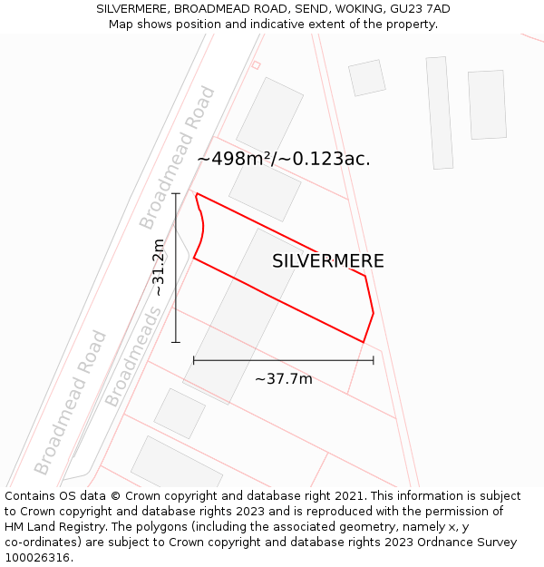SILVERMERE, BROADMEAD ROAD, SEND, WOKING, GU23 7AD: Plot and title map
